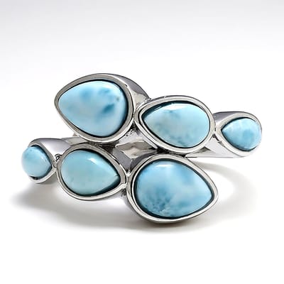 Cavill - Zilveren Larimar Ring Dames - 925 Sterling Zilver Gerhodineerd - 3.3 Ct Natuurlijke Peervormige Cabochons Blauw - Verstelbare Ring