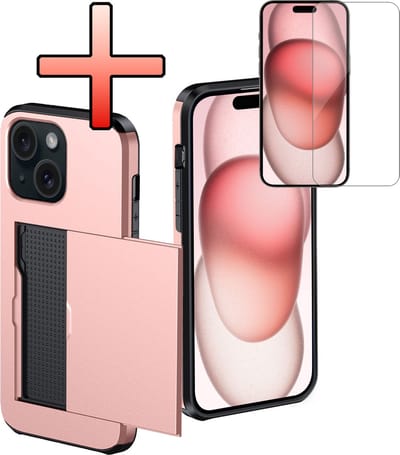 Hoes Geschikt voor iPhone 15 Hoesje Pasjeshouder Hard Cover Met Screenprotector Shock Proof Hard Case Hoes Met Kaarthouder - Rosé goud