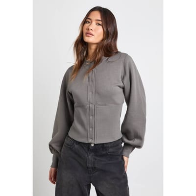 boohoo Dames Ballonmouw Sweatshirt met Getailleerde Taille en Drukknopen | Charcoal | Maat: Large