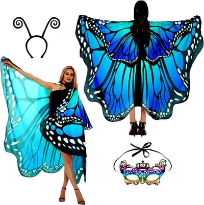 Vrouwelijk vlinder kostuum met vleugels, cape en accessoires voor carnaval en feesten, inclusief gezichtsmasker en antennes
