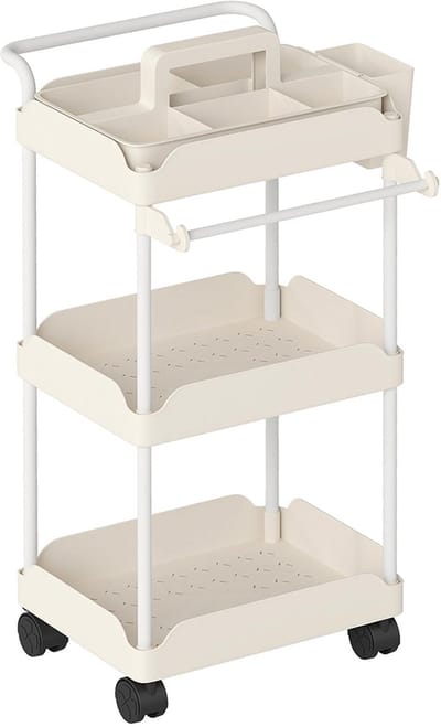 Pugsdrly Opbergkar, 3 manden, handdoekhouder, wieltjes, handgreep, metalen frame, wit