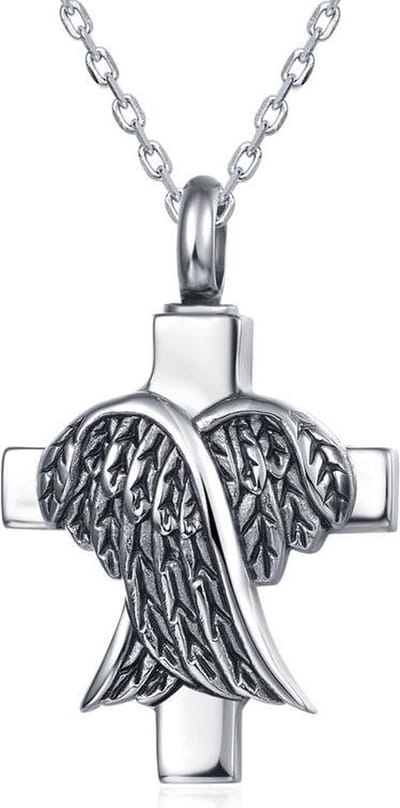 Quiges - RVS - Ashanger - Urn - Kruis - Vleugels - Met - Verstelbare - Ketting - 46 - 52cm - Asketting - As sieraad - SLSA005