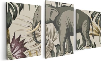 Artaza Canvas Schilderij Drieluik Tropisch Getekende Olifant - Abstract - 120x60 - Foto Op Canvas - Canvas Print