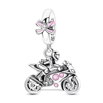 Fler® | Bedel | Past op populaire bedelarmbanden (standaard - 3mm) | Motor Bedel | Hangbedel Charm | 925 sterling zilver | Roze zirkonia | Roze emaille | Valentijnsdag Cadeau | Sinterklaas kado | Kerstcadeau | Verjaardagsgeschenk | Vriendschap