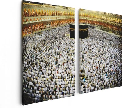 Artaza Canvas Schilderij Tweeluik Zwarte Steen in Mekka met Biddende Moslims - 80x60 - Foto Op Canvas - Canvas Print