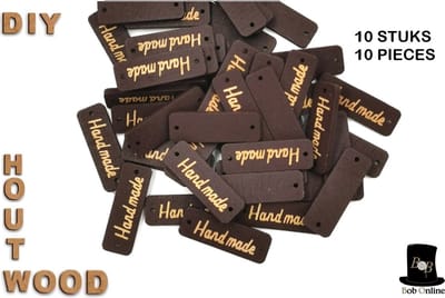 Bob Online ™ - 10 Stuks – Zwart – ‘Hand made’ Houten Decoratieve Knopen Tags met 2 Gaatjes – 10 Pieces – Black – ‘Hand made’ Wooden Decorative Buttons Tags with 2 Holes – Houten Decoratieve Labels – Houten Handgemaakte Label Tags – Naaien – Scho