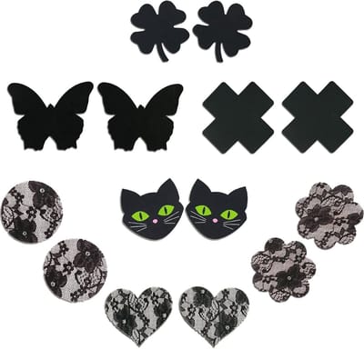 Zelfklevende tepelcovers in satijn en kant, sexy designs, 7 stijlen, zwart, maat M, discreet en comfortabel