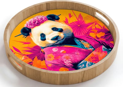 Dienblad rond 40x40 cm - Schootdienblad hout - Kimono - Roze - Panda - Bloemenkroon - Borrelplank rechthoek - Plateau houten dienbladen