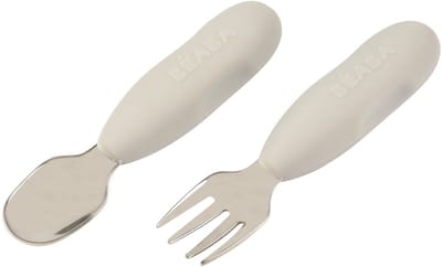 Béaba Set van 2 Roestvrijstalen Bestek - Kinderbestek - Vanaf 10 Maanden - Lepel & Vork - Velvet Grey - Ergonomisch Oefenbestek