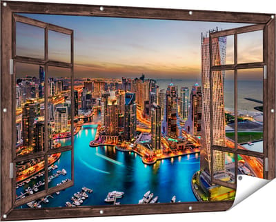 Gards Tuinposter Doorkijk Dubai Haven met de Stad - 150x100 cm - Tuindoek - Tuindecoratie - Wanddecoratie buiten - Tuinschilderij