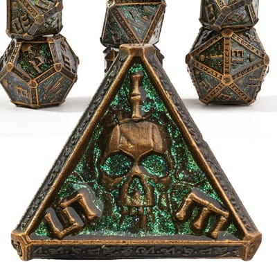 Metalen Dobbelstenen Set - RPG Botten - Rollenspel Spelen - Schedel Design - 7 Stuks - Groen Messing