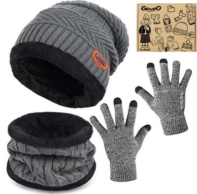 Geweo Hoed Colsjaal Handschoenen Set - Mutsen - Sjaal - Handschoenen - Gebreide Baggy Warme Skimutsen - Wintermuts Gevoerd Wol - Unisex - Kerst Geschenk -Grijs - Kerstmis - Kerstfeest - Christmas Gift