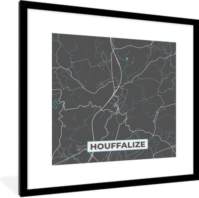 Fotolijst incl. Poster - België – Houffalize – Stadskaart – Kaart – Blauw – Plattegrond - 40x40 cm - Posterlijst