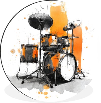 WallCircle - Wandcirkel - Muurcirkel - Drumstel - Oranje - Zwart - Aquarelverf - Aluminium - Dibond - 30x30 cm - Binnen en Buiten