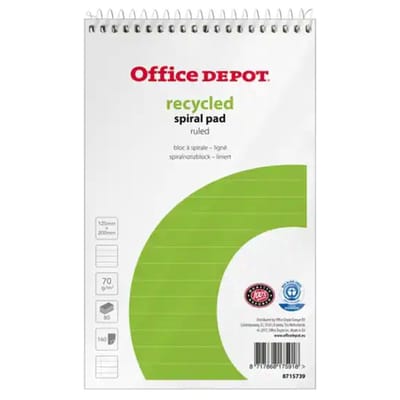 Office Depot 125 x 200 mm Spiraalblok Wit Softcover Gelinieerd Geperforeerd Reclycled à 80 vellen