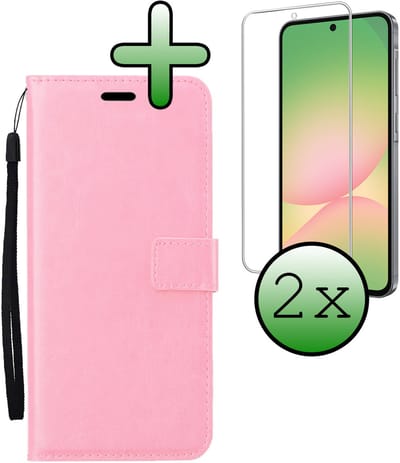 Hoesje Met 2x Screenprotector - Geschikt voor Samsung Galaxy A56 - Luxe Pasjeshouder - Bookcase Portemonee - Flip Case - Kunstleer Book Case - Flipcase Hoes - Book Cover - Walletcase - Portemonneehoes - Lichtroze