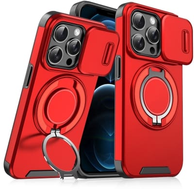 Backcover Hoes Geschikt voor: Apple iPhone 12 Pro Max - Magnetische Ringhouder met Sliding Lens Camshield - Rood