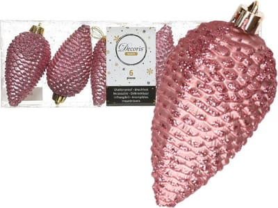 6x Oud roze dennenappels kerstballen 8 cm - Glitter - Onbreekbare plastic kerstballen - Kerstboomversiering oud roze