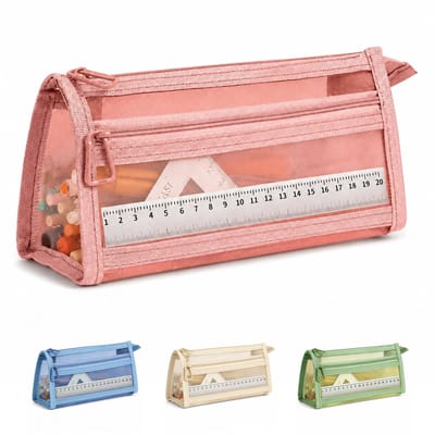 Ruitgaas Pennenzak met Handgreep & Rits - Doorzichtig Dubbellaags - Reismake-uptas - voor Volwassenen, Kantoor, Universiteit - Kersenbloesemroze -22*10*6cm- 1 Stuk