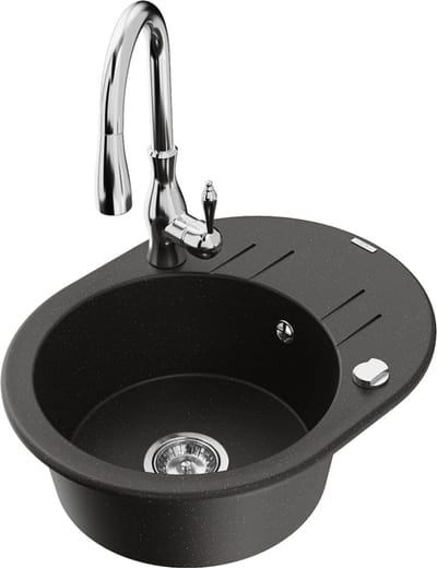 Mexen Kevin granieten spoelbak 1-kamer met afdruiprek en keukenmengkraan Savita, zwart/gouden metallic - 6517-75-672601-00