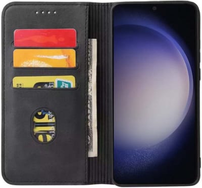 Smartphonica Samsung Galaxy S23 kunstleren hoesje met magnetische sluiting en pashouders book case - Zwart geschikt voor Samsung Galaxy S23