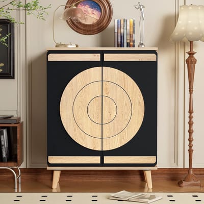 Wishdor - Schoenenkast - Ronde Geometrische Deuren - Modern - Voor Hal - Zwart En Naturel - 76 X 37 X 98,5 Cm