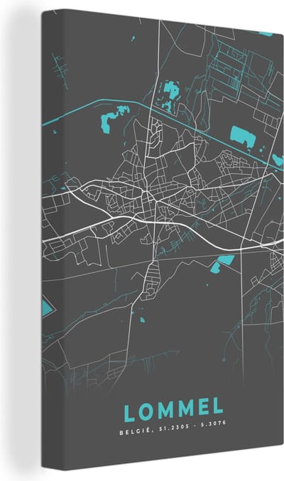 Canvas Schilderij België – Lommel – Stadskaart – Kaart – Blauw – Plattegrond - 40x60 cm - Wanddecoratie