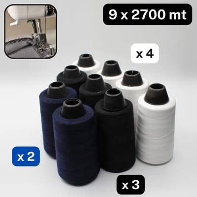 9x2200mt Lockgaren 4xWit + 3xZwart + 2xDonkerblauw ***Overlock***