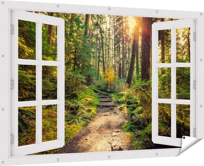 Gards Tuinposter Doorkijk Voetpad in het Bos - 180x120 cm - Tuindoek - Tuindecoratie - Wanddecoratie buiten - Tuinschilderij