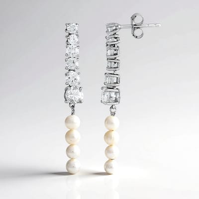 Cavill - 925 Sterling Zilver oorbellen - Platina verguld - 3,13 ct Cambodjaanse Zirkonia's & Wit Zoetwaterparel - Elegante ronde dames sieraden