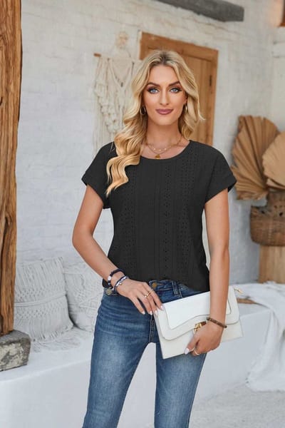 ASTRADAVI Damesmode - Top - Mooie Uitgeholde Jacquard Shirt - Zwart / Small