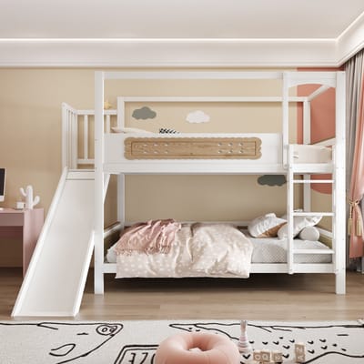 Stapelbed – 90 x 200 cm – met bedframe in de vorm van een huis – bedhekjes in de vorm van koekjes – glijbaan en extra brede veiligheidsladder – van hout – wit
