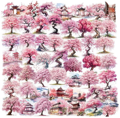 Ainy Sakura boom PET Stickers 50 stuks voor bullet journal, fotoalbum, laptop, telefoon, waterfles en zelfs als muursticker of geschenksticker. Knutselen stickervellen voor kinderen en volwassenen