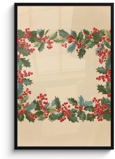 Poster in lijst - Fotolijst 80x120 cm - Posters - Hulstrand - Bessen - Beige - Posterlijst zwart - Decoratie - Wanddecoratie woonkamer - Muurdecoratie slaapkamer - Kerstversiering - Kerstdecoratie voor binnen - Kerstmis
