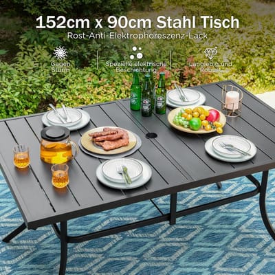 Tuinmeubelset 6 Personen 152x89x73 cm Metalen Tuintafel met Parasolgat en 6 Stapelbare Stoelen – Weerbestendig & Modern Design – Laura