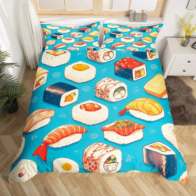 Sushi Dekbedovertrek Sets Voor Kinderen Jongens Meisjes Lichtgewicht Dons Dekbedovertrekken Slaapkamer Decoratie 2 Kussenslopen 1 Dekbedovertrek Geen Dekbed 180*220cm 3pcs