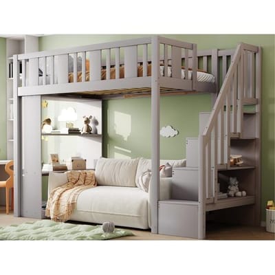 ModernLuxe Mezzanine bed 90x200cm - met opbergglijders - met opbergruimtes - grijs (matras niet inbegrepen)
