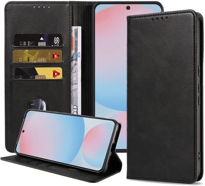 Smartphonica Telefoonhoesje Geschikt voor Samsung Galaxy S24 FE Kunstleer met Magnetische sluiting en Pasjeshouders Bookcase met Klepje - Zwart geschikt voor Samsung Galaxy S24 FE
