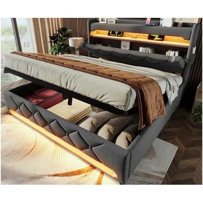 ModernLuxe Gestoffeerd opbergbed 140x200 cm - met LED en USB-oplaadpoorten - Linnenstof - Hoofdeinde met opbergruimte - Grijs