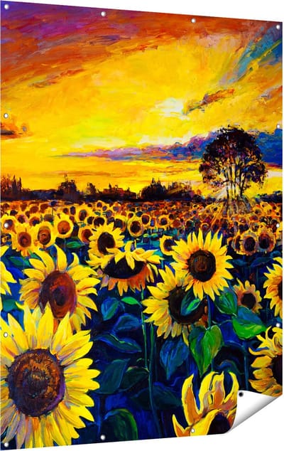 Gards Tuinposter Getekende Zonnebloemen Veld met Olieverf - 120x160 cm - Tuindoek - Tuindecoratie - Wanddecoratie buiten - Tuinschilderij