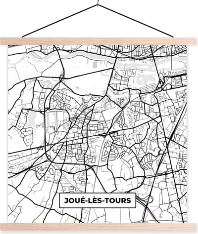 Posterhanger incl. Poster 40x40 cm - Schoolplaat - Frankrijk - Joué-lès-Tours - Plattegrond - Stadskaart - Kaart - Zwart wit - Textielposter - Blanke latten - Stadskaart