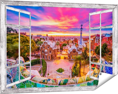 Gards Tuinposter Doorkijk Park Güell Uitzicht op Barcelona - 120x80 cm - Tuindoek - Tuindecoratie - Wanddecoratie buiten - Tuinschilderij