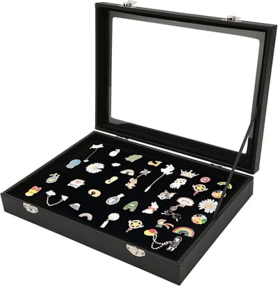 Pin Display Case met Sluitgesp, Badge Opbergdoos met Transparante Glazen Deksel, Verzamelframe voor Broches en Sieraden, M