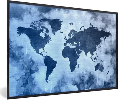 Poster in lijst - Fotolijst 90x60 cm - Posters - Wereldkaart - Kleur - Blauw - Posterlijst zwart - Decoratie - Wanddecoratie woonkamer - Muurdecoratie slaapkamer