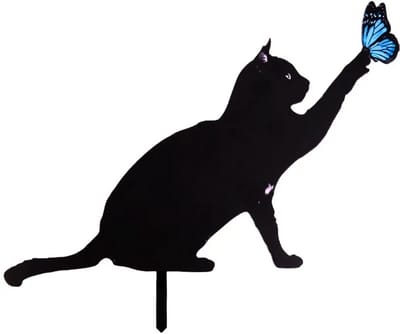Janse® Tuinsteker poes met vlinder - Metalen tuinsteker kat - Grafdecoratie - Tuinsteker poes zwart - Tuindecoratie - Poezen silhouet - Bloempot steker - Kattenbeeld
