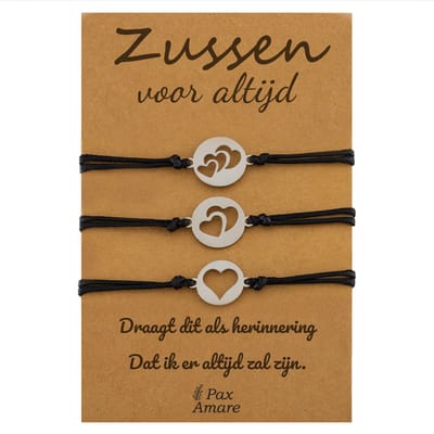 Vriendschapsarmbandjes voor 3 "Zussen voor altijd" - Verschillende Hartjes - Sisters Armbandjes met Cadeau Kaartje - Zilverkleurig - Elastisch Verstelbaar - Pax Amare