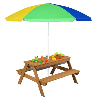 COSTWAY 3-in-1 kinderpicknicktafel, tuintafel met parasol en banken, kinderzitgroep van hout met afneembaar tafelblad en 2 speelboxen, kindermeubelset voor tuin, achtertuin, terras (geel)