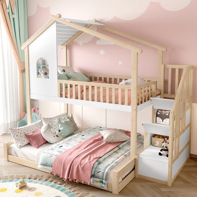 DESMIU Stapelbed 90x200 cm + 140x200 cm – Huisvorm Met Raam En Veilig Hek – Opbergtrap Met Vakken – Voor Kinderkamer – Grenenhout – Zonder matras – Naturel/Wit