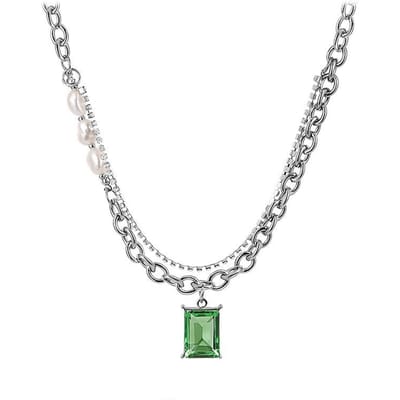 Dubbellaagse Parelketting voor Vrouwen, Trendy Koude Stijl Edelsteen-ingelegde Sleutelbeenketting, Titanium Staal Ketting, Trendy Sieraden voor Vrouwen