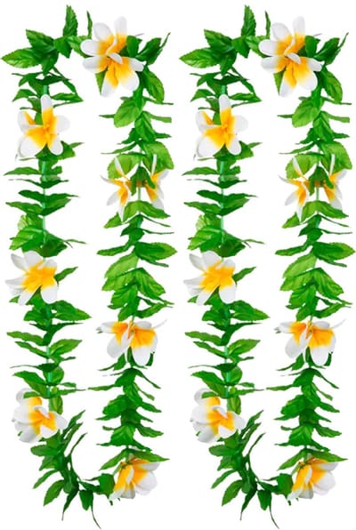 Boland Hawaii krans/slinger - 2x - Tropische kleuren mix groen/wit - Bloemen hals slingers
